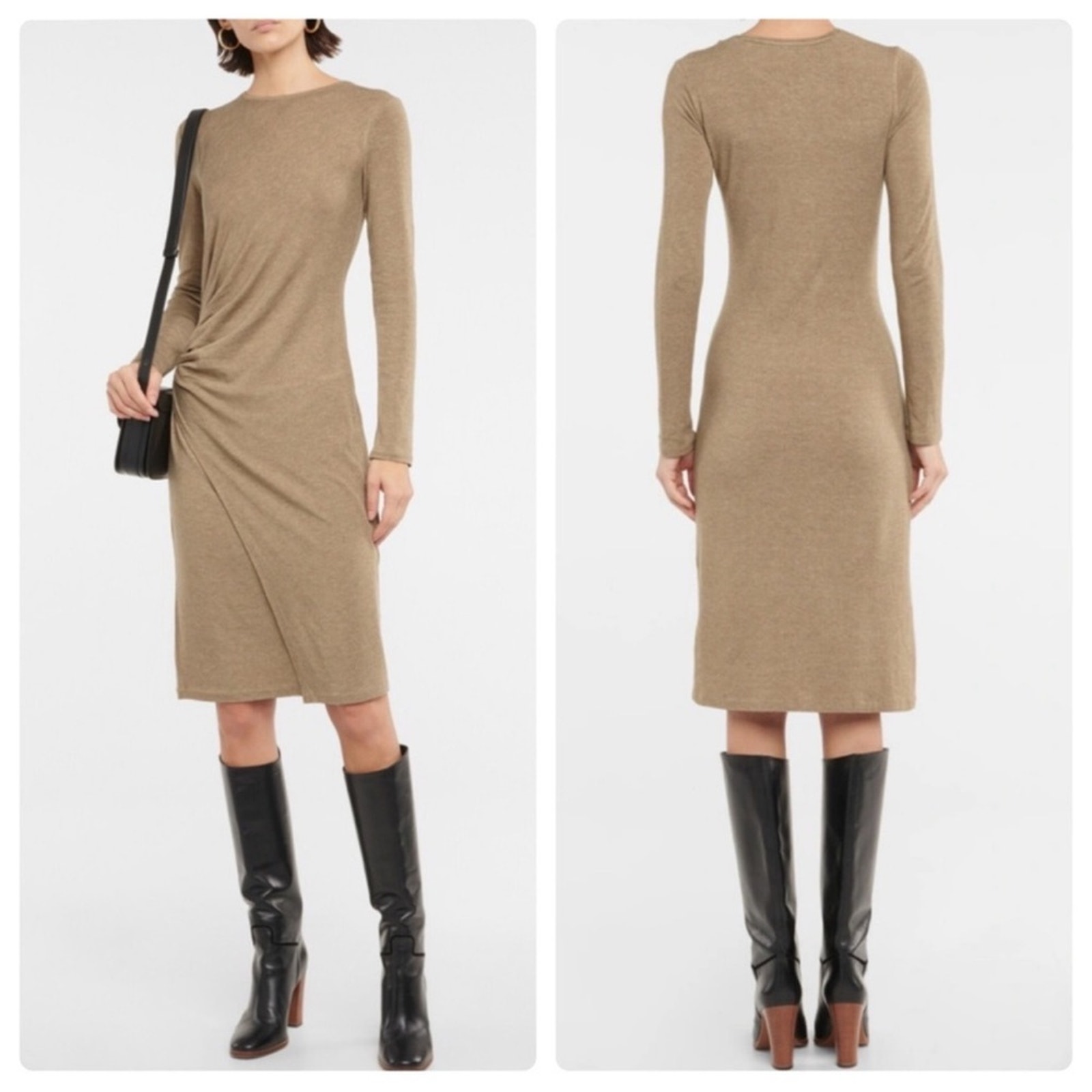 Nwt Vince Buttery Soft Neutral Ruched Knit Long Sleeve Midi Stretch Dress Tan Lg